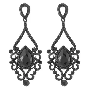 Victorian Black Crystal Rhinestone Filigree Chandelier Floral Large Statement Earrings, Prom Banquet