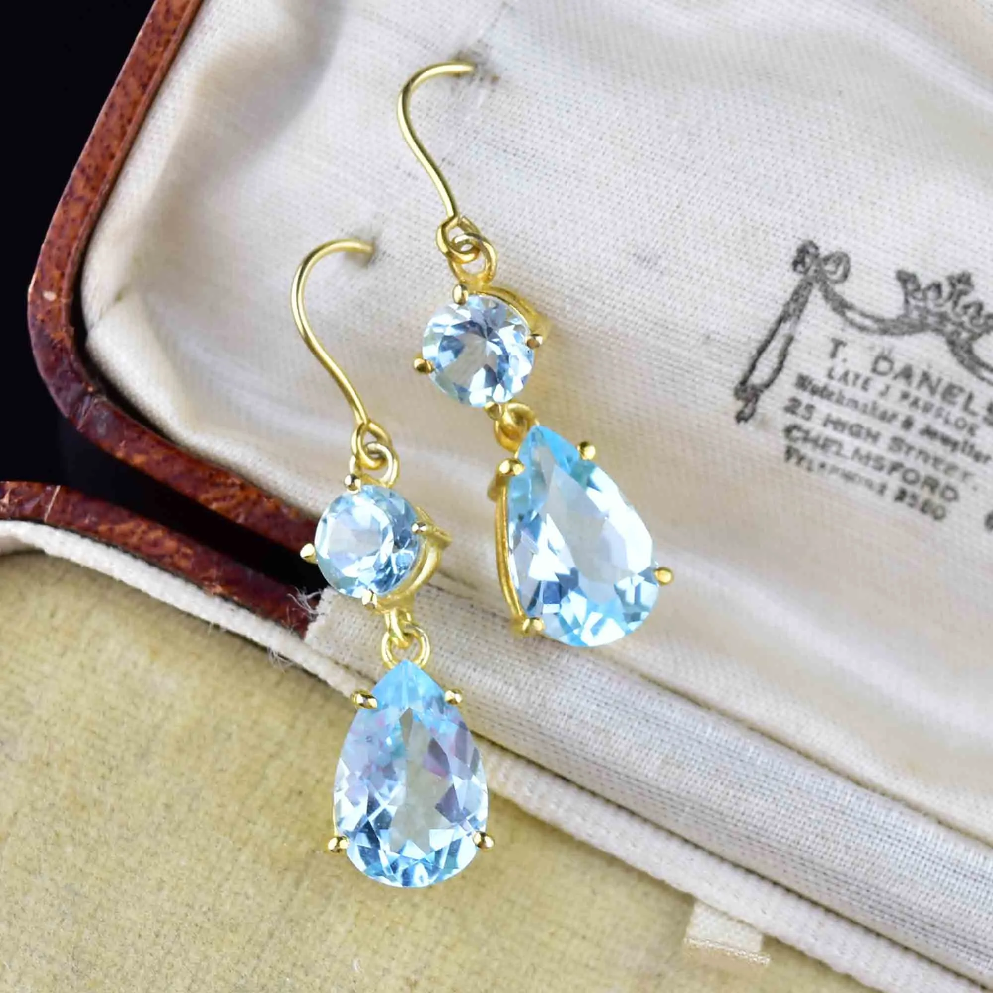 Vintage Gold Blue Topaz Drop Earrings