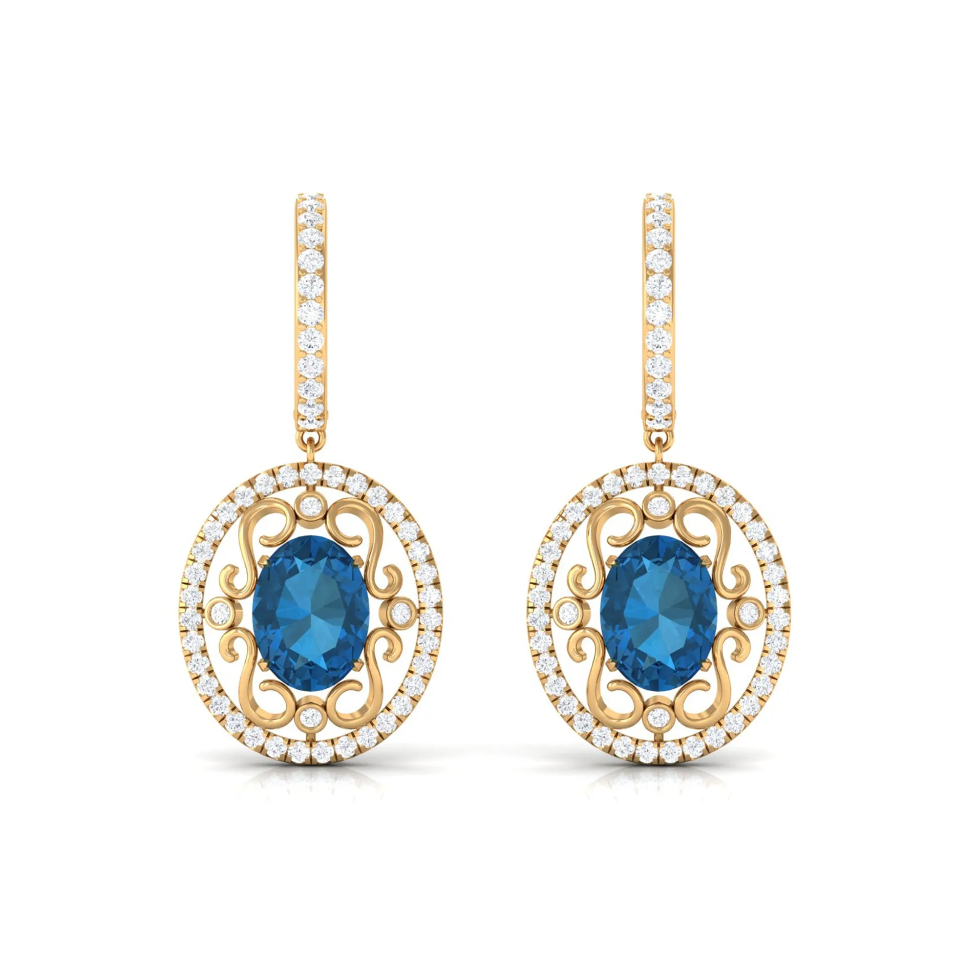 Vintage Style London Blue Topaz Hoop Drop Earrings with Diamond