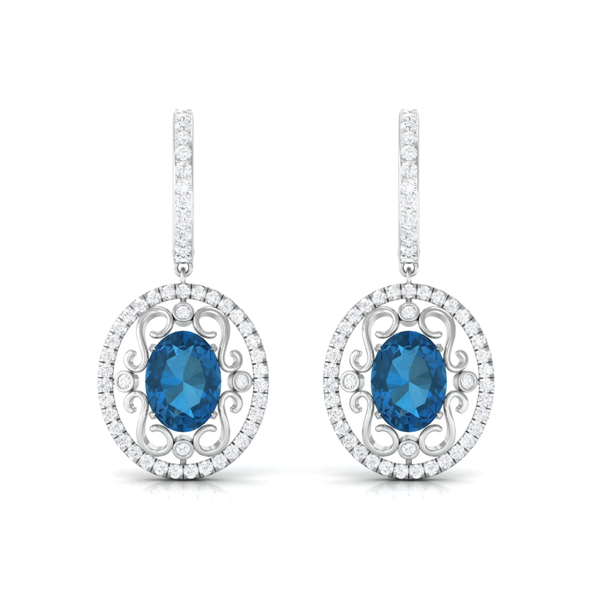 Vintage Style London Blue Topaz Hoop Drop Earrings with Diamond