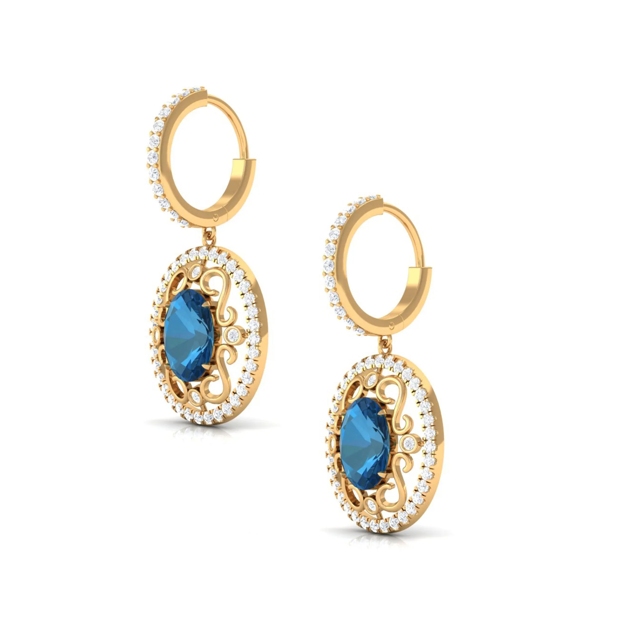 Vintage Style London Blue Topaz Hoop Drop Earrings with Diamond