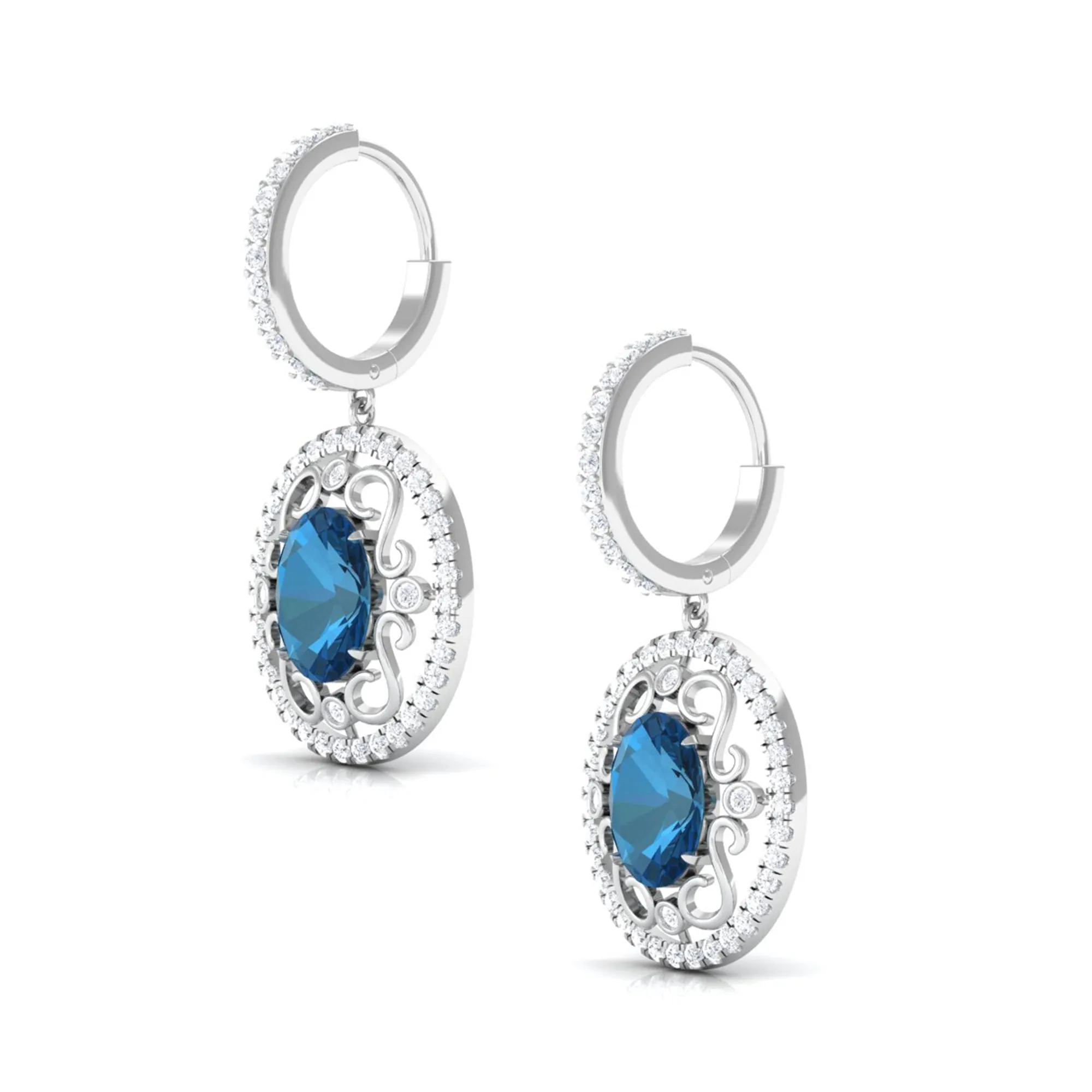 Vintage Style London Blue Topaz Hoop Drop Earrings with Diamond
