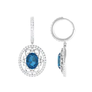 Vintage Style London Blue Topaz Hoop Drop Earrings with Diamond