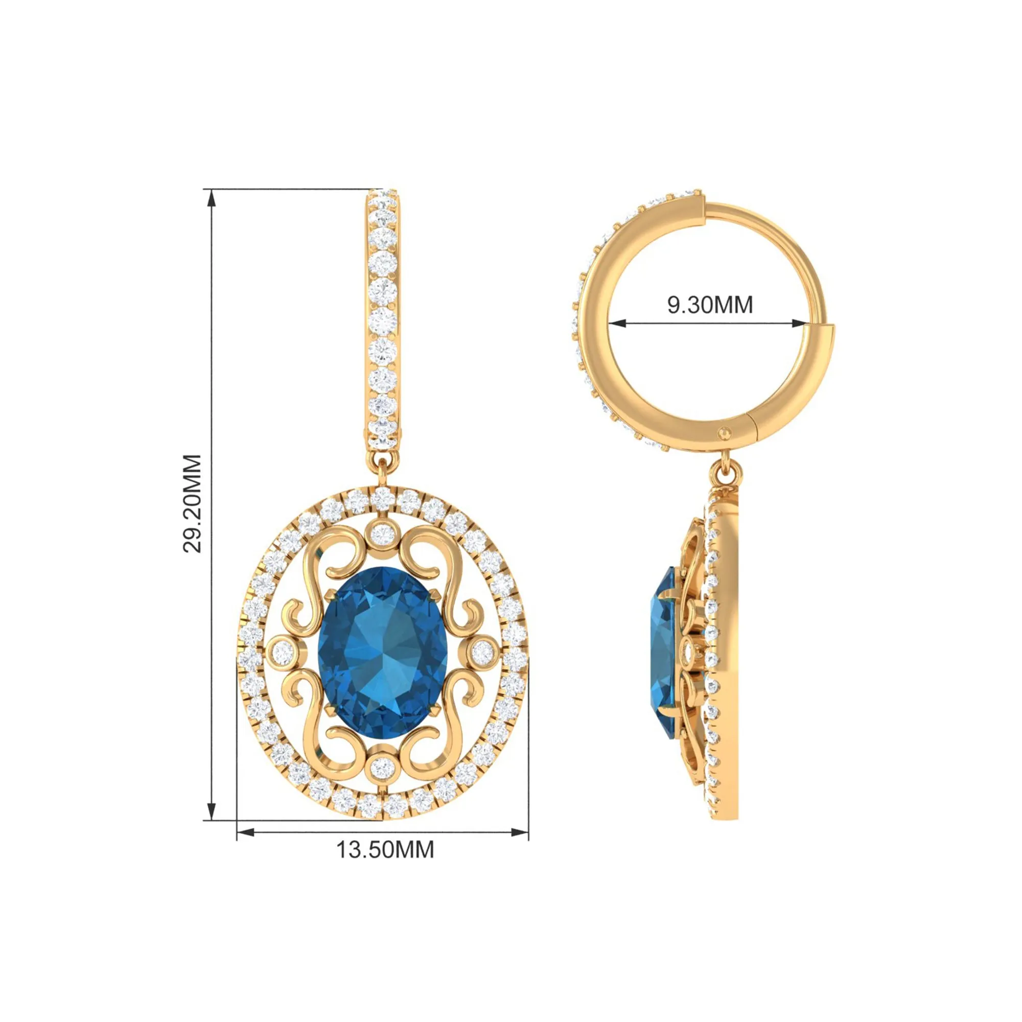 Vintage Style London Blue Topaz Hoop Drop Earrings with Diamond