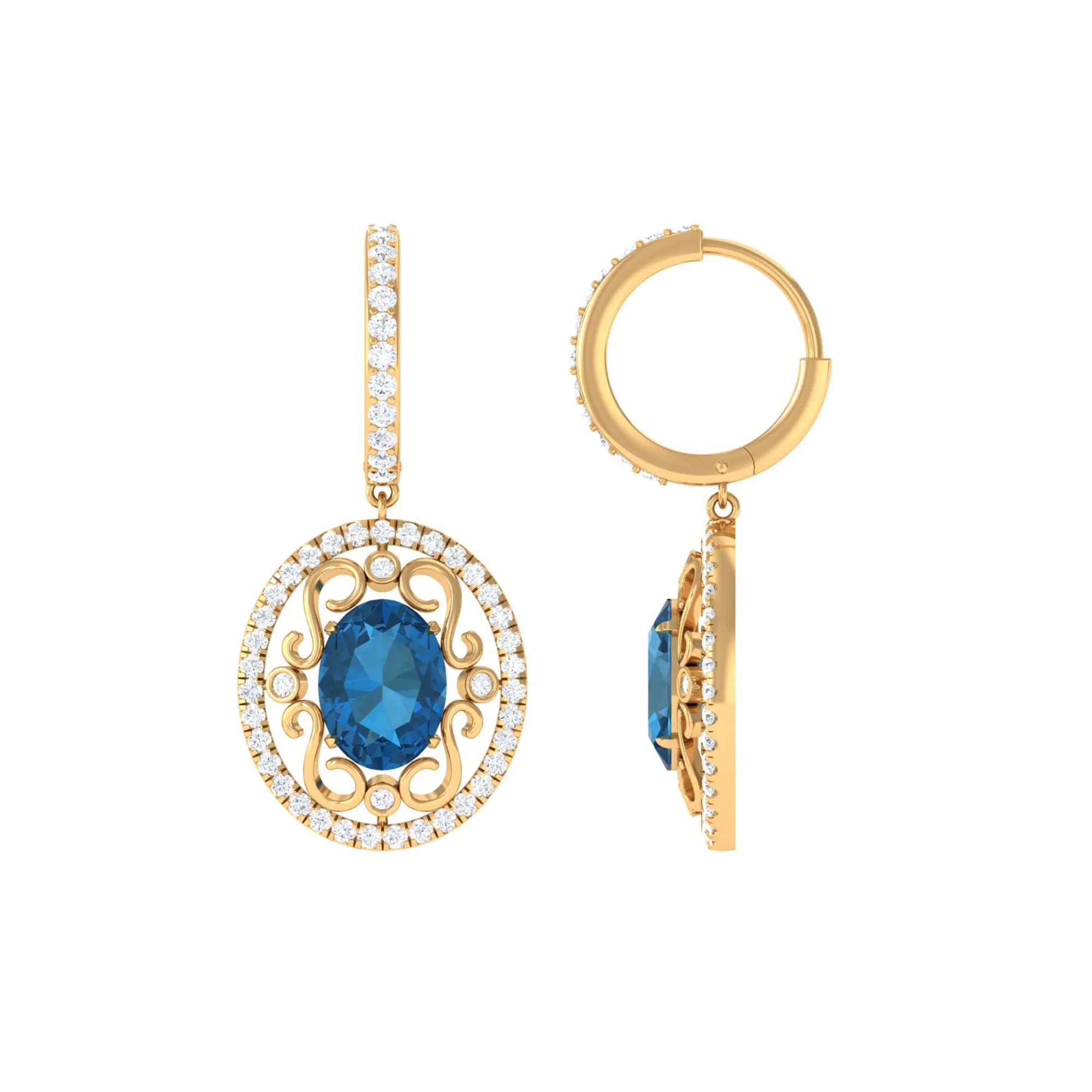 Vintage Style London Blue Topaz Hoop Drop Earrings with Diamond