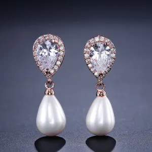 Water Drop Shape Bridal Pearl Earrings  AAA Cubic Zirconia Long Drop Earrings