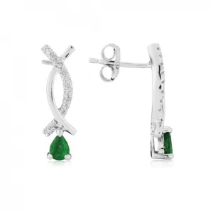 White Gold Diamond & Emerald Earrings - 7X14WDE