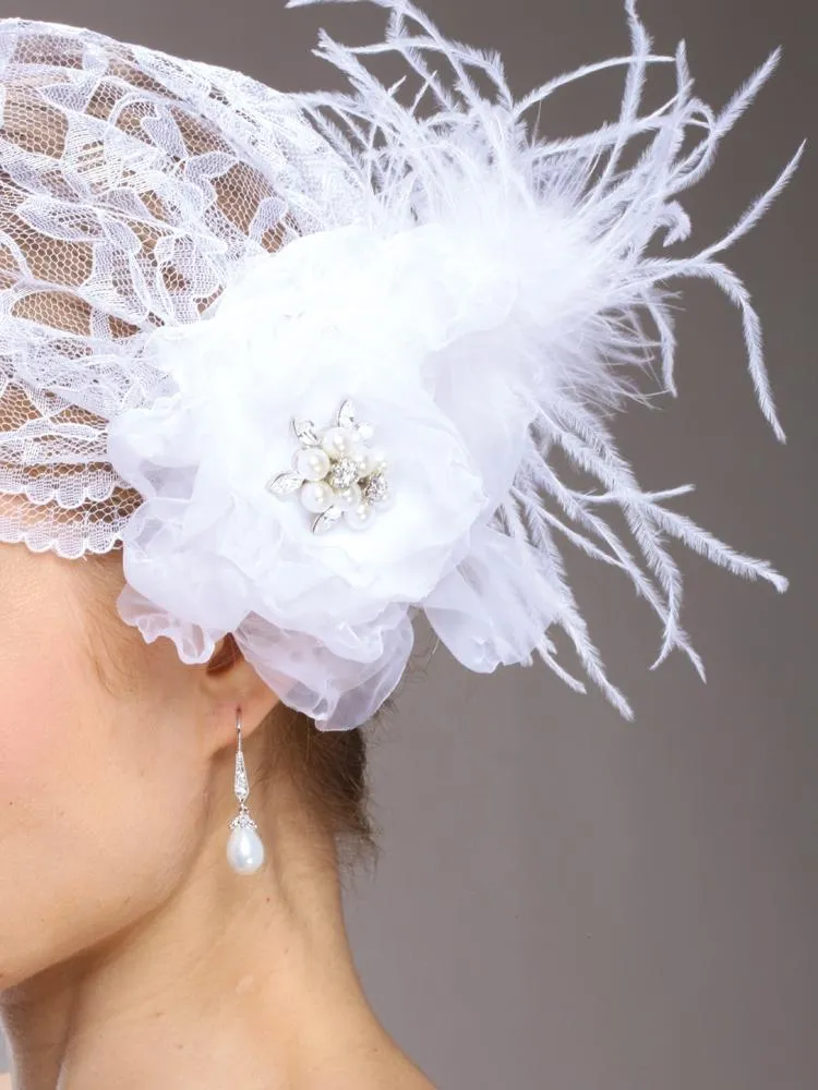 White Lace Juliet Veil Bridal Cap with Flower & Ostrich Feathers